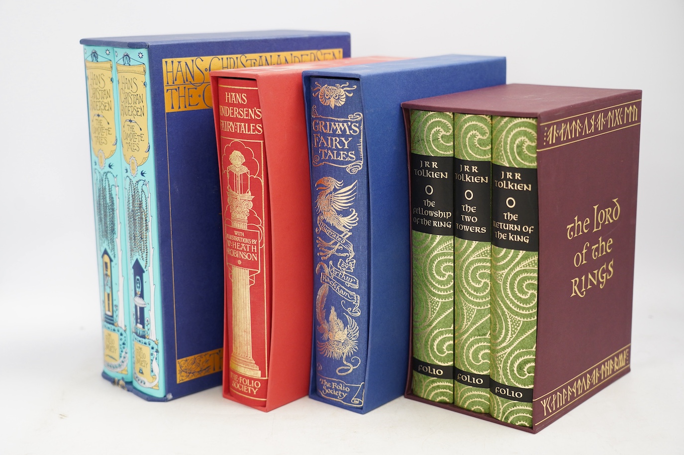 Four Folio Society volumes; two Hans Christian Andersen collections, a Grimm’s Fairy Tales and a Lord of the Rings set. Condition - fair, some wear, mainly to slipcases.